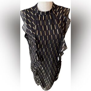 Worthington Metallic Sheath Dress Sheer Ruffles Black Gold cocktail Party Sz 16